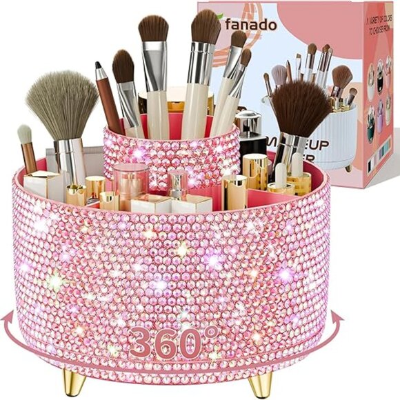 360° Rotate Makeup Brush Holder Organizer Pink